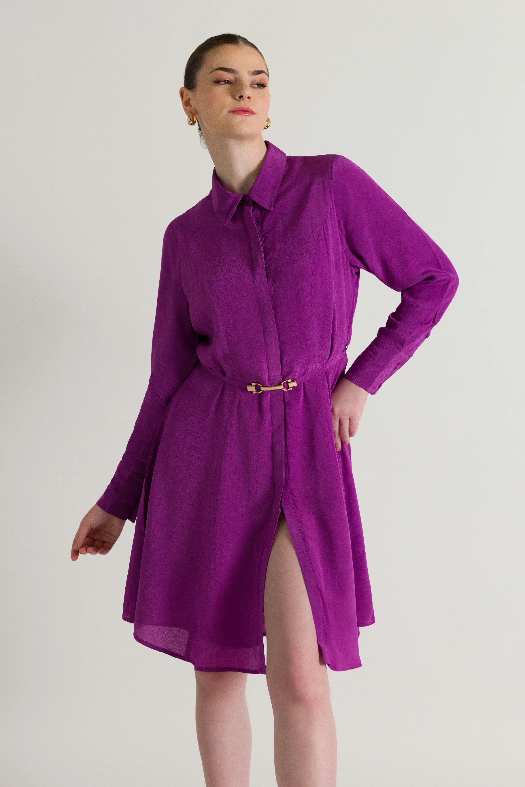 Button Down Shirt Knee Length Purple Dress