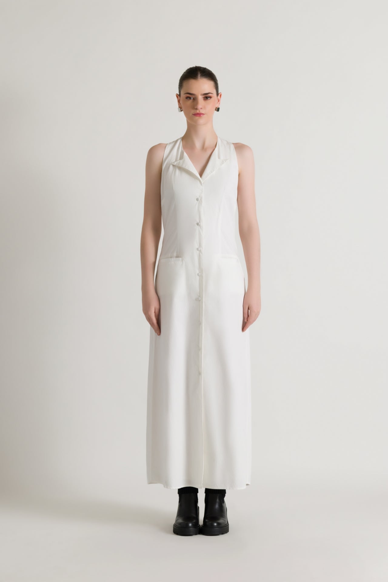 Button-down Closure White Maxi Dress