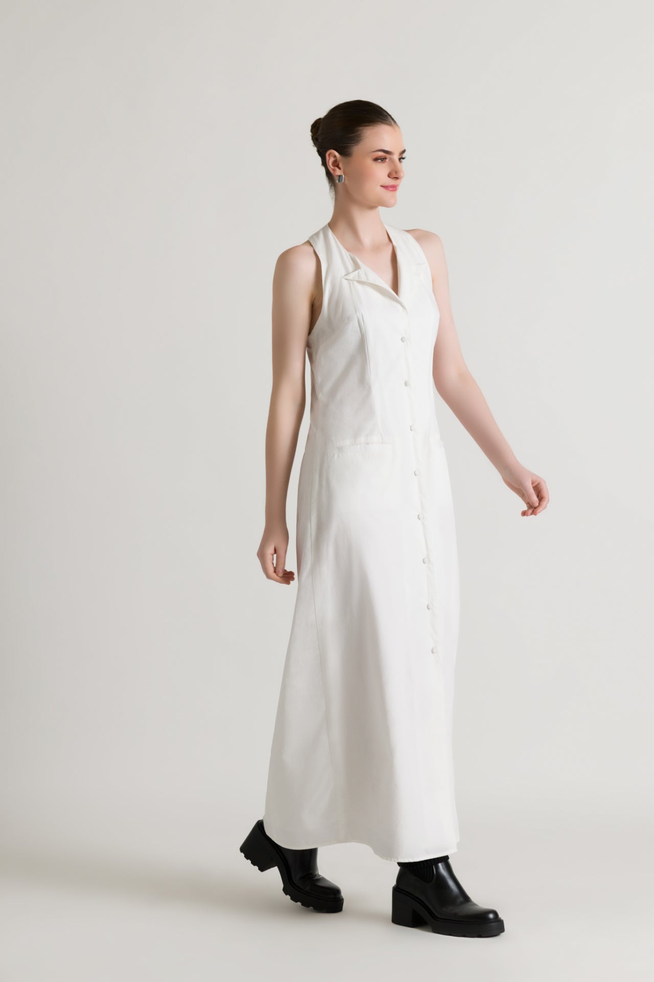 Button-down Closure White Maxi Dress