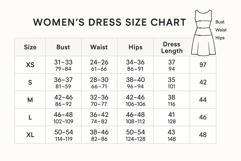Generate size chart for women dresses