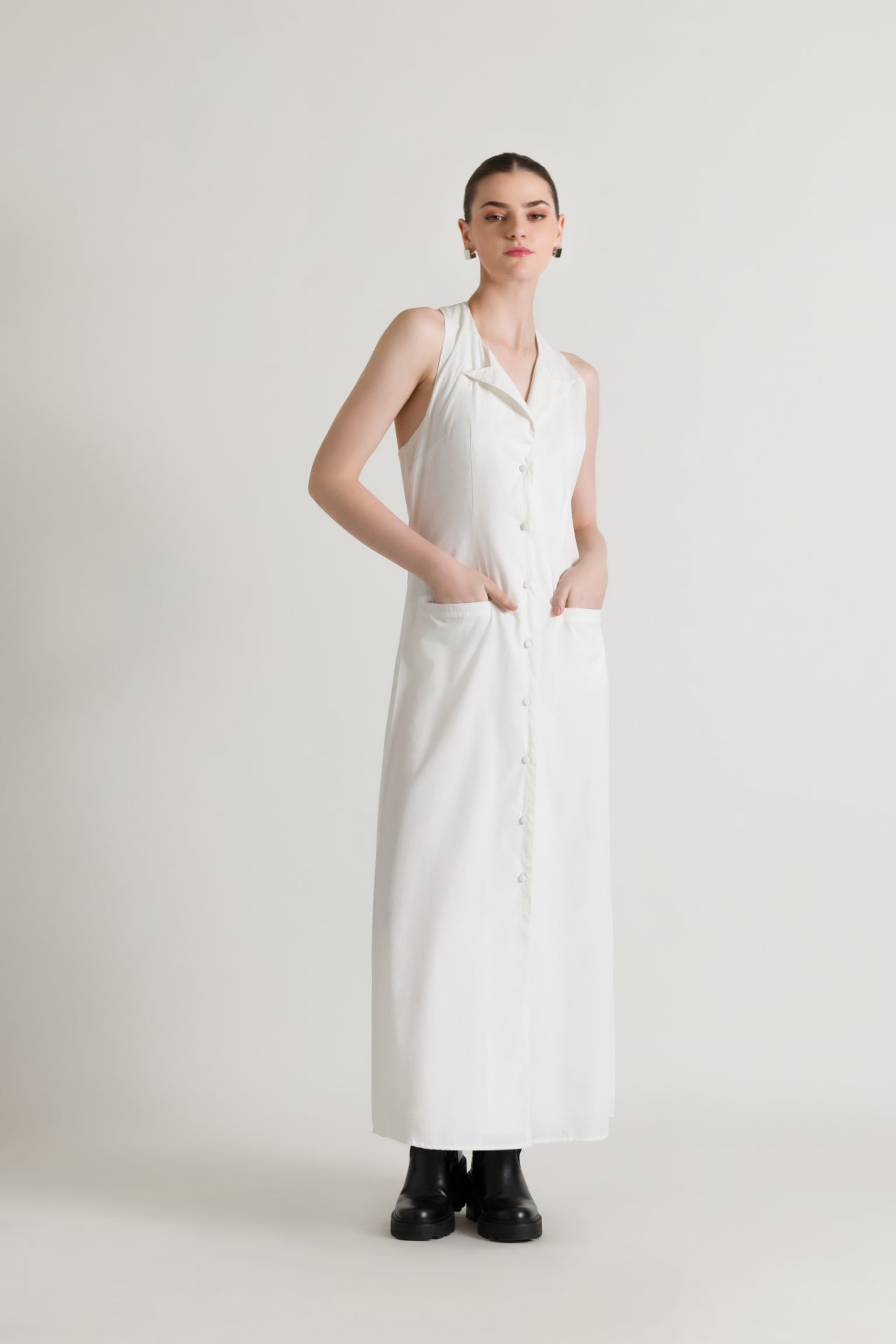 Button-down Closure White Maxi Dress
