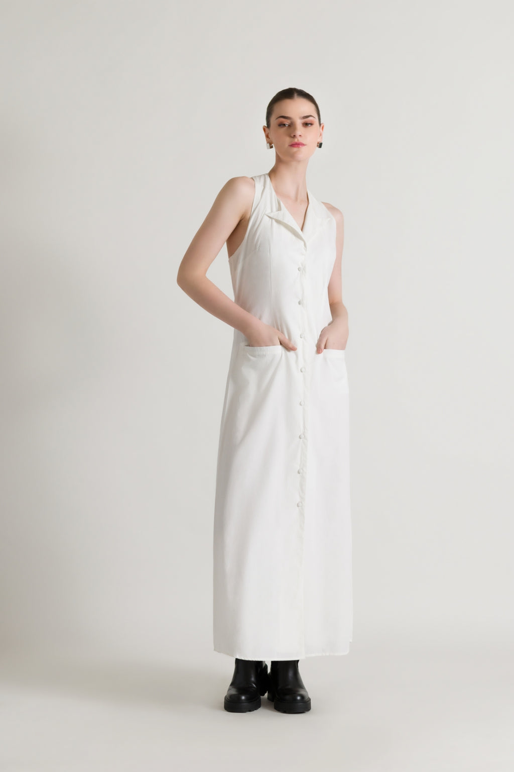 Button-down Closure White Maxi Dress